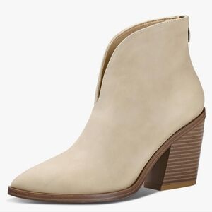 NWT mysoft Women's V Cut Out Ankle Boots Slip On Pointed Toe Chunky Stacked Heel